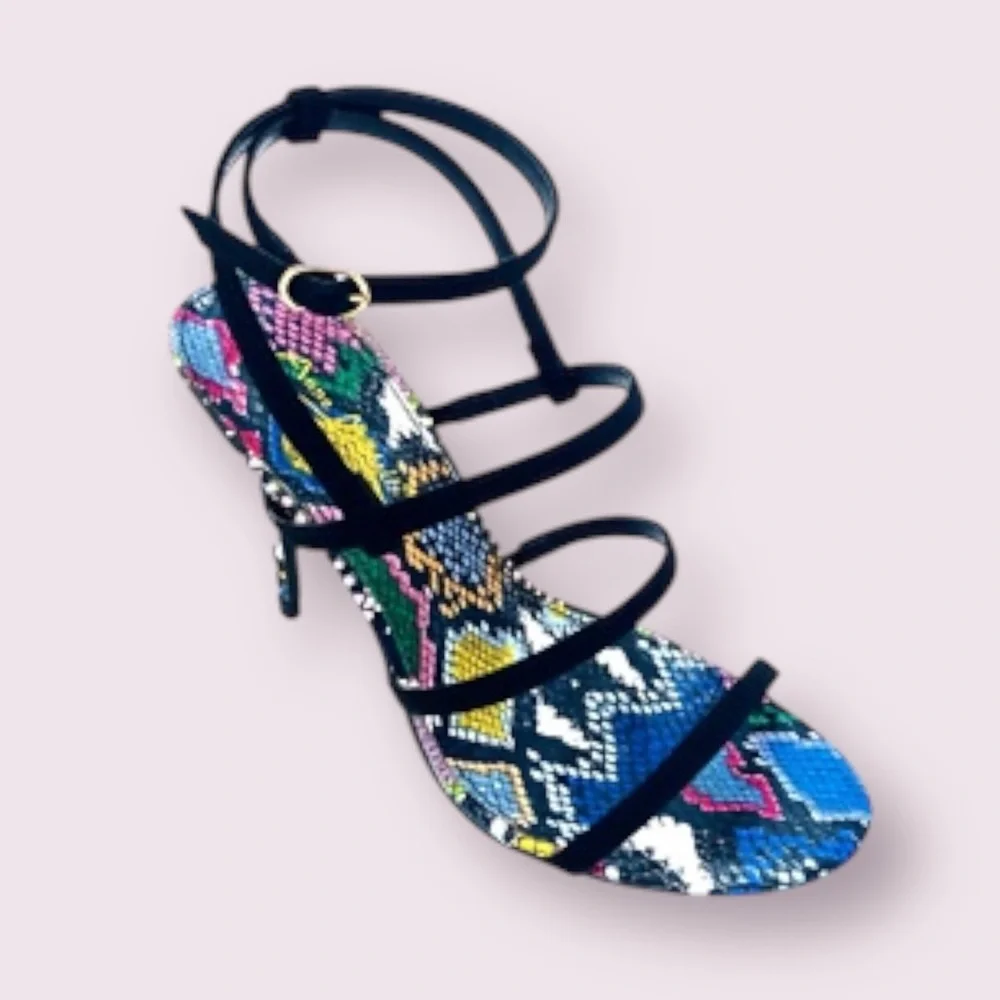 Anne Michelle Black Ankle Strap Snakeskin Heels - Picture 2 of 13